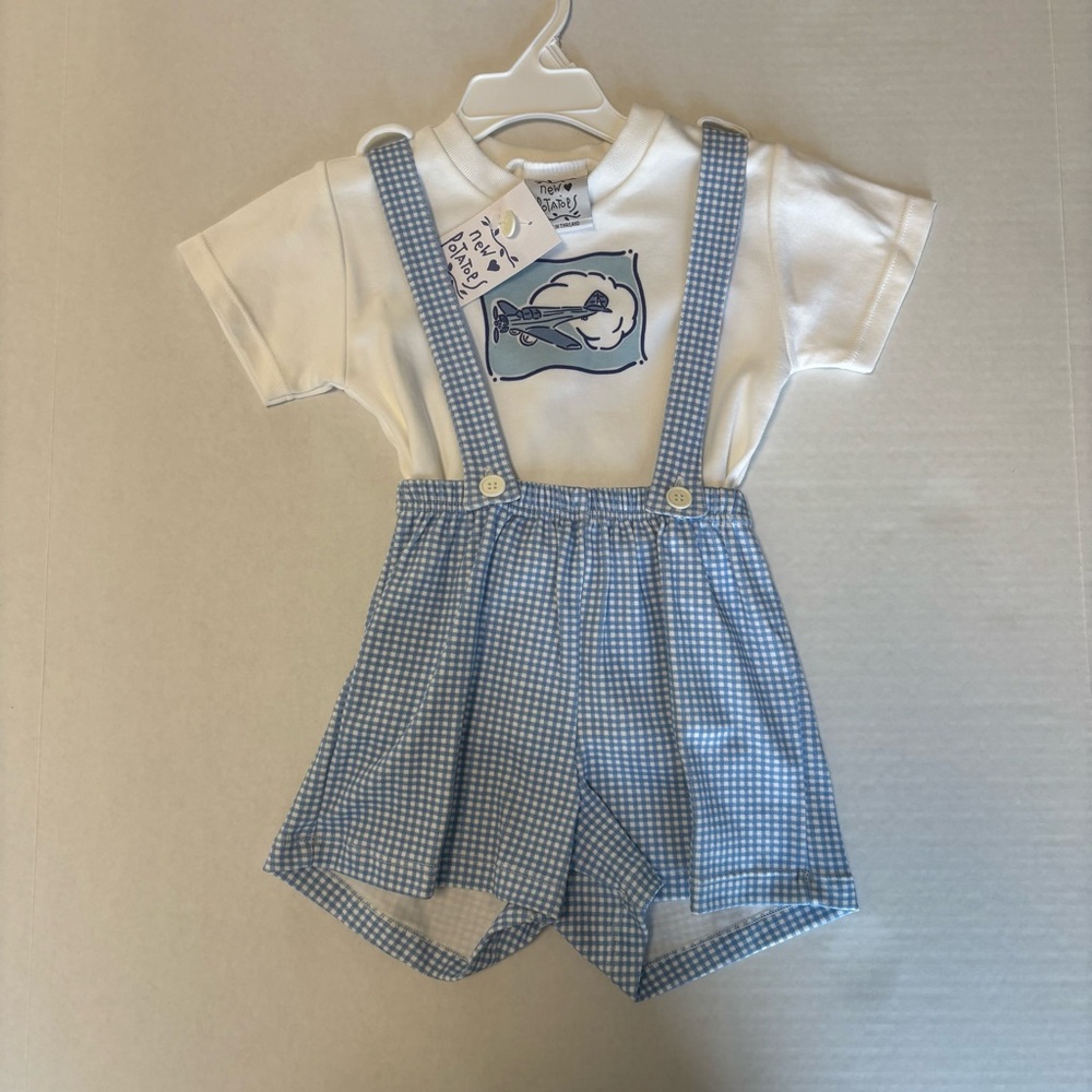 Vintage NWT Blue Gingham Suspender Shorts with White Tee